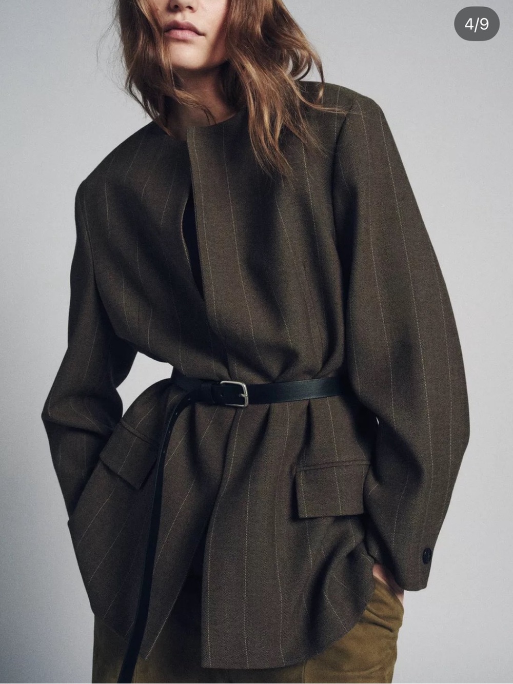 Zara belted Pinstripe Wool Blazer in Olive Brown/green